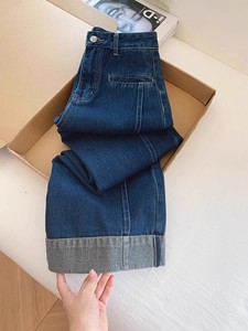 Pantalon en jean large à franges <span class=keywords><strong>taille</strong></span> haute bleu foncé vintage de haute qualité pour femmes, amincissant, adapté aux petites silhouettes, longueur large - Product Image 2