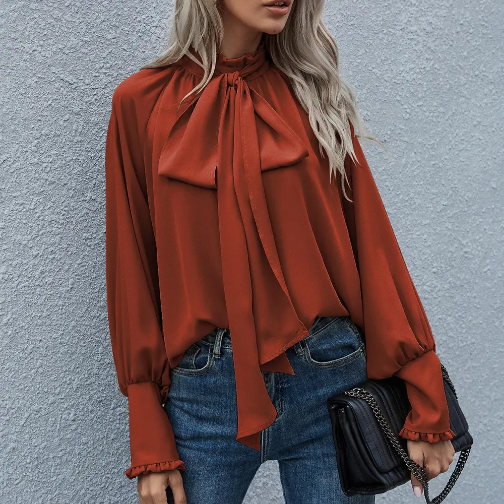 Elegante Frauen Blase Langarm Hemden Bogen Knoten Kragen Lose Büro Damen Chiffon Bluse Tops