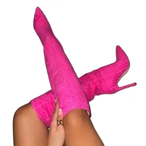 BSM1052 2022 nuovo arrivo asciugamano materiale tessuto stivali alti al ginocchio oversize rosa verde bianco arancione stivali tacco alto
