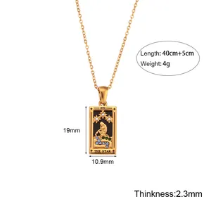 Trendy Square Colorful Enamel Zircon Tarot Cards Pendant Necklace 18K Gold Plated Stainless Steel Chain Necklaces For Women