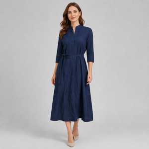 <span class=keywords><strong>Abito</strong></span> Midi da Donna <span class=keywords><strong>Blu</strong></span> Navy in Misto Cotone e <span class=keywords><strong>Lino</strong></span>, Collo Alto, Maniche 3/4, Cintura Annodabile, Vestito Casual Ampio e Dritto con Tasche - Product Image 1