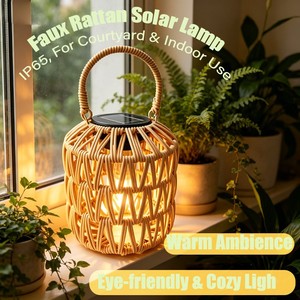 Solar Woven Lantern 16.5cm Diameter IP65 Outdoor Garden Light With Handle <b>For</b> Patio Camping Decor - Product Image 3