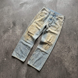 Vaqueros anchos de mezclilla desgastados estilo vintage para hombre, pantalones de mezclilla rasgados de pierna ancha para hombre, vaqueros de mezclilla desgastados para hombre - Product Image 1