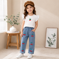 Ensemble 2 pièces pour filles, broderie cerise, tissu gaufré respirant, manches à volants, jeans à taille élastique, vêtements pour enfants