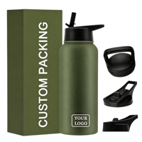 Bouteille d'eau de voyage isotherme en acier inoxydable avec couvercle à paille et poignée, compatible porte-gobelet de voiture, anti-fuite pour camping-car et road trip