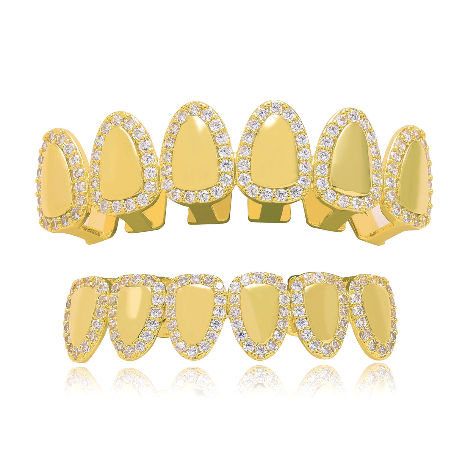 BES New Hip Hop Iced Out Teeth Grillz Real Gold Platinum Plated Grillz Fangs Rapper Grillz for Teeth Body Jewelry Gift