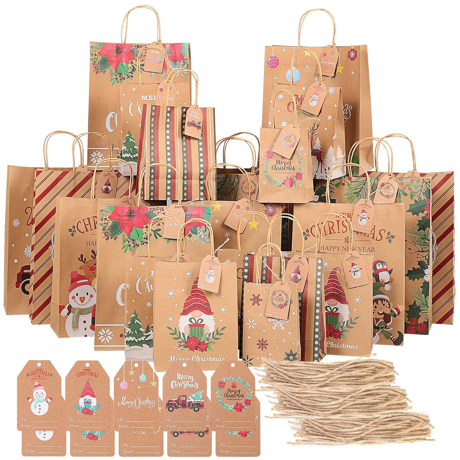 Custom Elegant Recyclable Printed Craft Various Sizes Brown Christmas Wrapping Paper Decorative Bags For Gift Xmas Party Favors