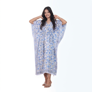 Robe Kaftan en Coton 100% à Imprimé Floral Bleu pour Femme, Coupe Classique, Longueur Genou, Manches Courtes, Col en V, Formelle d'Hiver, Respirante - Product Image 1