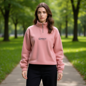 Sudadera de lana para mujer con cuello alto y cremallera, bordado frontal, informal, de otoño, color liso, manga larga, corte regular - Product Image 2