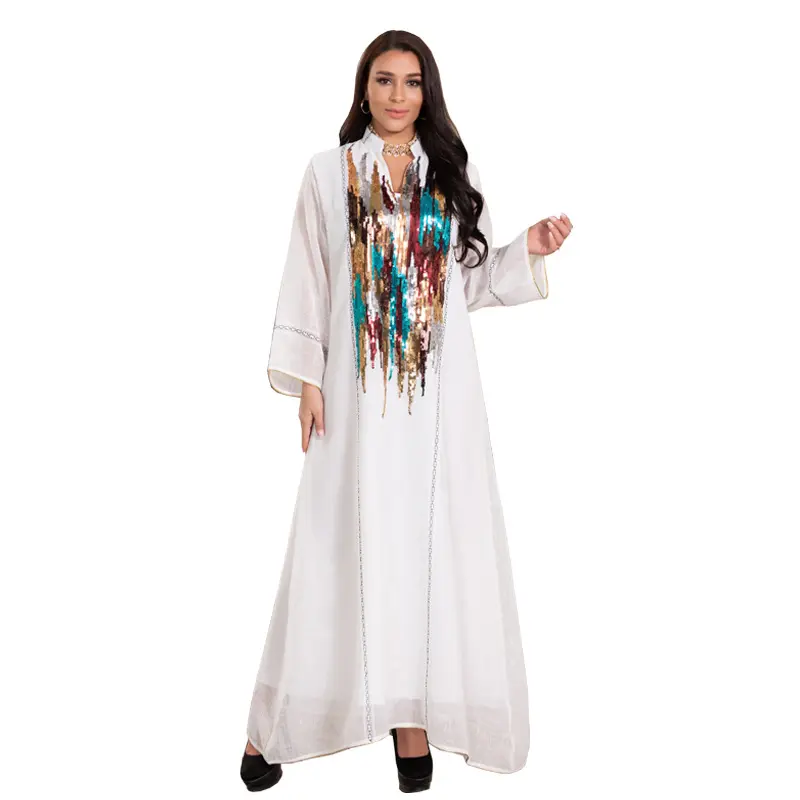 Vestido de noite marroquino Jalabiya para mulheres, vestido de noite abaya muçulmano de poliéster branco para adultos, 1 peça, caftan marroquino, roupa de lantejoulas para o Ramadã