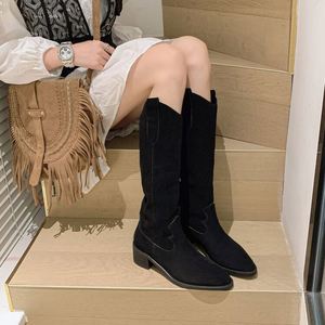 Bottes mi-hautes en <span class=keywords><strong>daim</strong></span> <span class=keywords><strong>beige</strong></span> décontractées Cialisa, en cuir véritable, pour l'automne et l'hiver, talons blocs, bottes longues noires de style western - Product Image 5