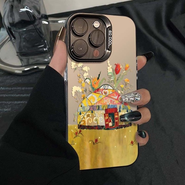 Flower Mongolian Yurt Coloerd Silver Mobile Phone case for iPhone 16 Plus 17 18 Pro Max 12 11 Shell Coque Back Cover
