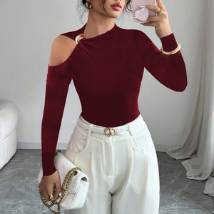 Channel 95 T-shirt da <span class=keywords><strong>donna</strong></span> sexy a collo alto con spalle scoperte, in 95% Rayon 5% Spandex, a manica lunga, con cut-out, vestibilità <span class=keywords><strong>slim</strong></span>, 2026 - Product Image 2