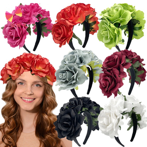 Accessoires pour cheveux <span class=keywords><strong>de</strong></span> fête rétro BELLEWORLD grand bandeau couronne <span class=keywords><strong>de</strong></span> fleurs roses bandeau antidérapant <span class=keywords><strong>de</strong></span> couleur unie fleurs artificielles - Product Image 1