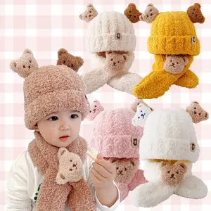 Yiwu Yiyuan Vêtement Twin Bear bébé casquettes ensemble mignon écharpe bébé hiver chapeau et écharpe ensemble calotte mode nouveau-né bébé casquette