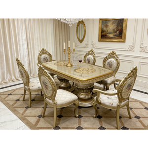 Bộ bàn ăn 9 món hình chữ nhật chạm khắc phong cách châu Âu, chất liệu gỗ nguyên khối, màu vàng champagne, lưng ghế hình chữ thập, phù hợp với biệt thự nhỏ. - Product Image 2