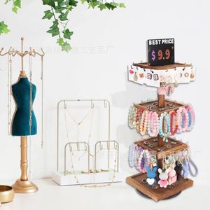 Wooden <b>Rotating</b> Jewelry <b>Display</b> Rack 3 Tier Necklace Storage <b>Stand</b> With Chalkboard For Desktop Use - Product Image 4