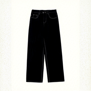 Pantalon en velours côtelé pour homme, taille haute, coupe large, décontracté, mi-lourd, devant plat, fermeture boutonnée, style automne, noir - Product Image 1