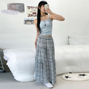 Women Color Block <b>Plaid</b> A-Line <b>Midi</b> <b>Skirt</b> Low Waist Y2K Street Style Casual Fashion Versatile Mid Length <b>Skirt</b> - Product Image 3
