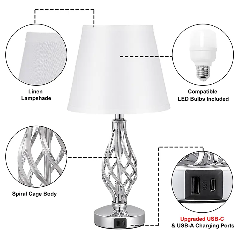 Nordic Morden Touch 3-Way Dimmable Led Desk Lamp 2 Port Usb Bedside Table Lamp With Linen Grey Fabric Shade Bedside Night Lamp