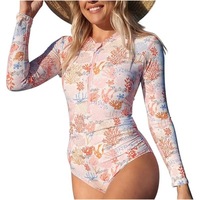 Traje de Baño Enterizo Ajustado para Mujer, Protección Solar, Mangas Largas Estampadas, Cierre y Protección UV, Superventas