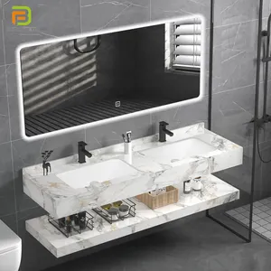 Salle de bains murale de luxe moderne bassin en ardoise de roche vanité salle de bain double évier ensemble avec miroir intelligent