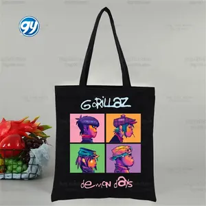 Gorillaz摇滚女式购物帆布手提包现代音乐涂鸦肩包购物袋黑布手袋环保