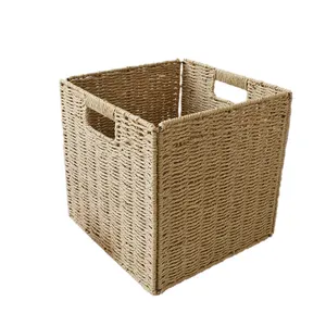 Paper Rope Woven Basket Dormitory Clothing Storage Basket Square With Handle Large Storage Basket
