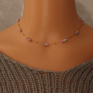 Macaron Dreamy Color Nature Beads Cadena Collar Pulsera Conjuntos Chapado en oro Conjunto de joyas de acero inoxidable Girly Pink Beads Chain - Product Image 5