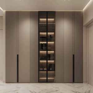 ตู้เสื้อผ้าบานเลื่อนทันสมัยพร้อมประตูกระจกแบบร่อง ไฟ LED สีอุ่น และชั้นวางของไม้ในตัว - Product Image 3