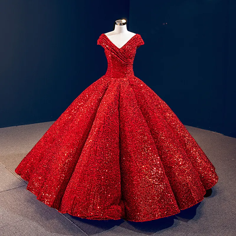 RSM66567 elegante vestido de noche rojo de princesa de un hombro hasta el suelo bling pleat tutu