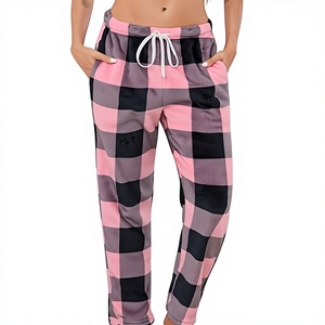 Women's Pink Black <b>Plaid</b> Flannel <b>Pants</b> Mid Waist Drawstring Loose Fit Ankle Length Casual Winter Wear With Pockets - Product Image 3