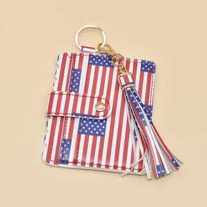 美国国旗图案PU皮革钱包，带相同流苏钥匙扣