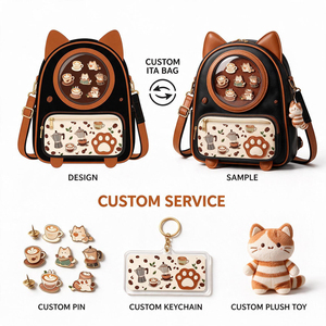 Custom Velvet Cat Ita Bag With <b>Clear</b> PVC Window Cartoon Embroidery Shoulder Custom Logo Color Hardware Accessory <b>Handbag</b> - Product Image 2