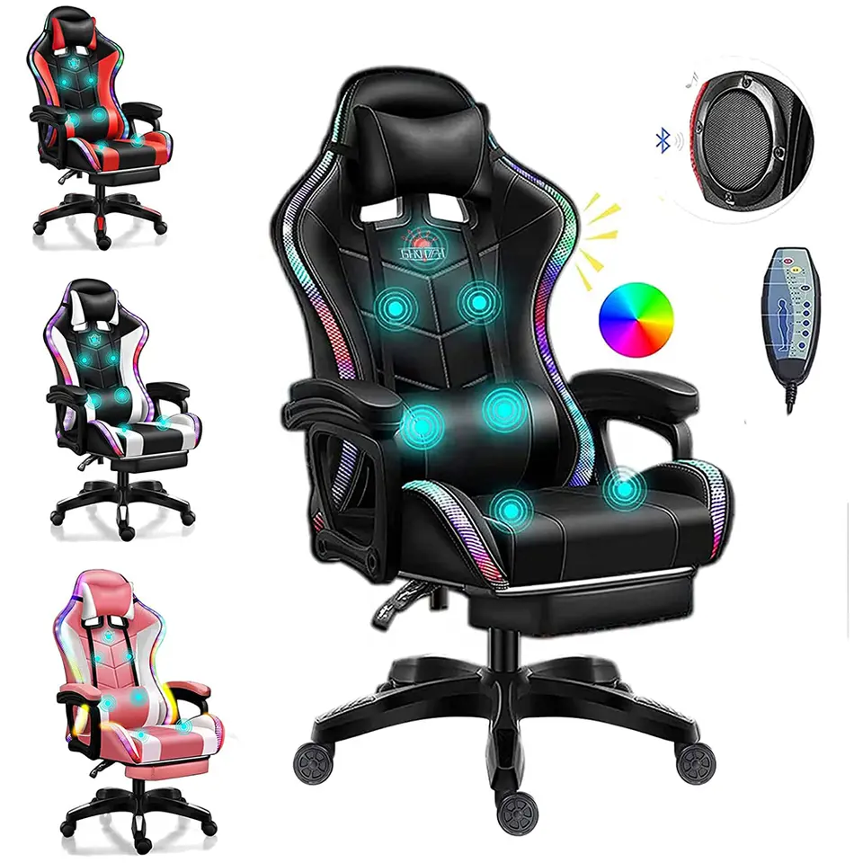 Cheapest Colorful Lights Silla Gamer Massage RGB Racing Speakers Gaming Chair