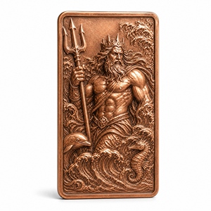 Barre commémorative en cuivre fin .999 de 1 oz, série mythologie grecque, avec relief 3D personnalisé de Poséidon et Méduse, pour collection de luxe - Product Image 3