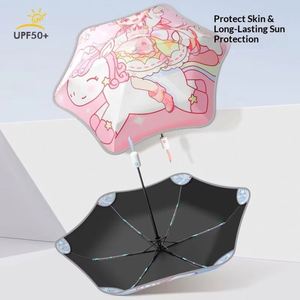 Parapluie pliant automatique à trois sections pour enfants, motif dessin animé, protection UV, imperméable, pour garçons et filles, idéal pour les trajets scolaires - Product Image 2