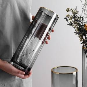Florero de cristal redondo gris de diseño clásico grande boca dorada tubo recto agua nutritiva para el hogar mesa de comedor sala de estar - Product Image 2