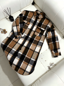 Manteau long à carreaux - Veste chemise en flanelle à carreaux surdimensionnée pour femmes grandes tailles - Product Image 6