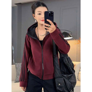 Women Hooded Fleece Jacket Burgundy Zipper Long Sleeve Casual Sweatshirt Loose Fit <b>Plus</b> <b>Size</b> Top Breathable Polyester - Product Image 1