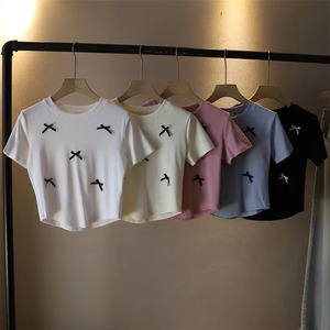 <span class=keywords><strong>T</strong></span>-<span class=keywords><strong>shirt</strong></span> court à la mode d'é<span class=keywords><strong>t</strong></span>é Y2K pour femmes avec nœud à manches courtes Design écologique décontracté - Product Image 1