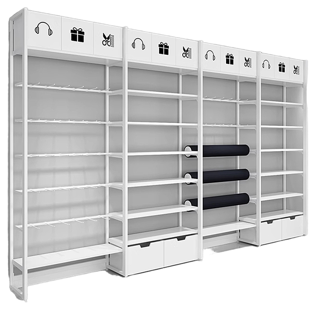 Sanyang Wooden Grain Steel Shelf Storage Rack System Store Equipment Used Supermarket Cosmetic Display case