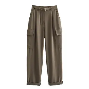 Женские повседневные брюки-карго цвета хаки с карманами на молнии, 0779165