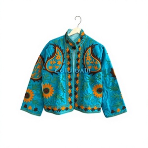 Embroidered Velvet Blazer Women's Mandarin Collar Full <b>Sleeve</b> Autumn Floral Paisley Design Single Button <b>Short</b> <b>Jacket</b> - Product Image 1
