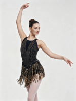 Costume de danse jazz noir et or pour femme, sans manches, avec franges, strass et dos croisé en maille, idéal pour la scène et les compétitions