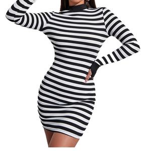 Vestido a Rayas Blanco y Negro, Sexy, Casual, Simple, de Manga Larga y Cuello Redondo, para Mujer, al por Mayor, Personalizado, OEM, de Alta Calidad - Product Image 4