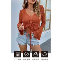 Cordão ajustável feminino, camisola manga comprida borracha malha sexy cordão cropped suéter para mulheres 2022