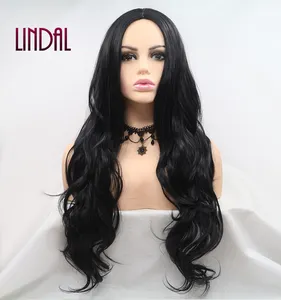 LINDAL ยาวสีดํากลางวิกผมหยักสําหรับผู้หญิงทนความร้อนเส้นใยผมลูกไม้สังเคราะห์ด้านหน้าวิกผมทุกวันพรรคใช้วิกผม