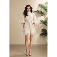 Robe Mini Élégante de Soirée pour Femme, Col Montant, Manches Bouffantes en Dentelle Vintage, Taille Nouée, Coupe Trapèze, Qualité Supérieure