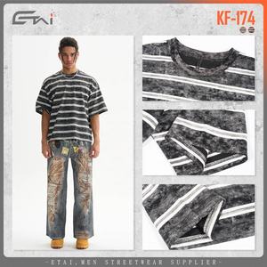 Boxy เสื้อยืดลายขวางสีเปล่าสำหรับผู้ชายเสื้อยืดผ้าฝ้ายพิมพ์ลายวินเทจ - Product Image 3